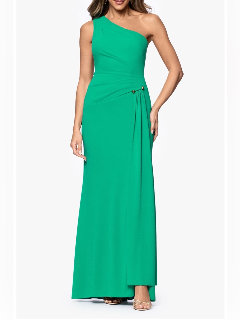 Xscape Women's Caroline One-Shoulder Maxi Jersey Dress Emerald Jade Green Sz 14